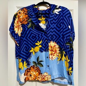 Anthropologie Blue and Yellow Floral Button Down Shirt